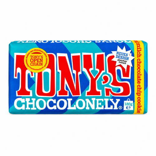 Tony's Chocolonely Chocolate Chip Cookie 180g Belgijska czekolada mleczna z ciasteczkami i kawałkami  czekolady gorzkiej