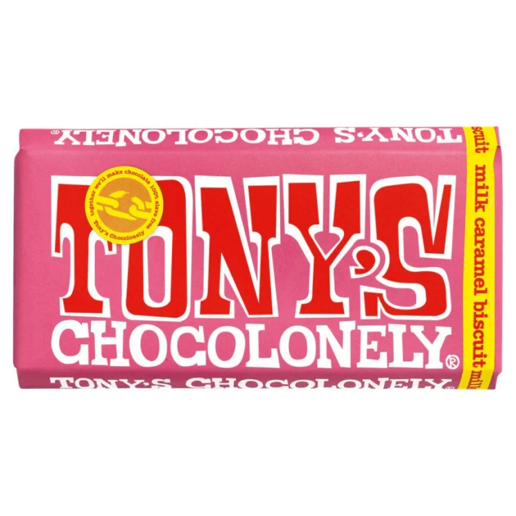 Tony's Chocolonely Milk Caramel Biscuit 180g Belgijska czekolada mleczna z kawałkami karmelu i ciasteczek