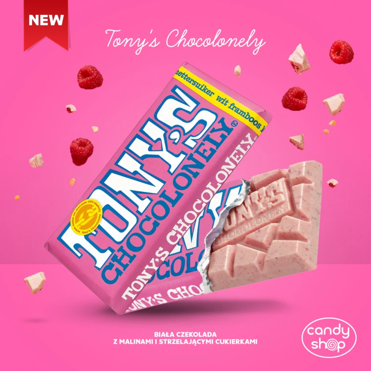 Tony's Chocolonely Wit Framboos 180g Belgijska czekolada biała z liofiliozowanymi malinami i strzelającym cukrem
