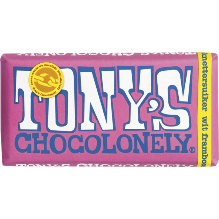 Tony's Chocolonely Wit Framboos 180g Belgijska czekolada biała z liofiliozowanymi malinami i strzelającym cukrem