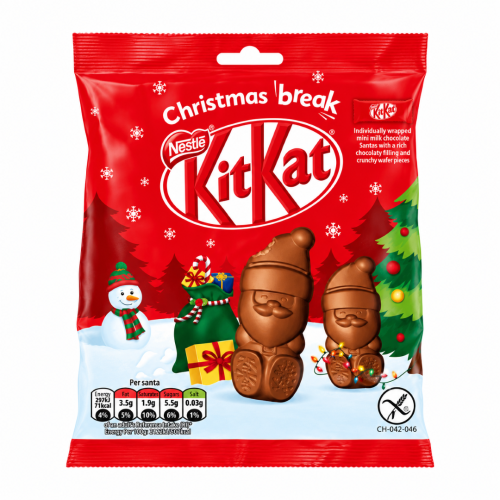 KitKat Christmas Break Mini Santa 55g Mleczne figurki mikołaje z chrupiącymi kawałkami na bazie ryzu o smaku czekoladowym