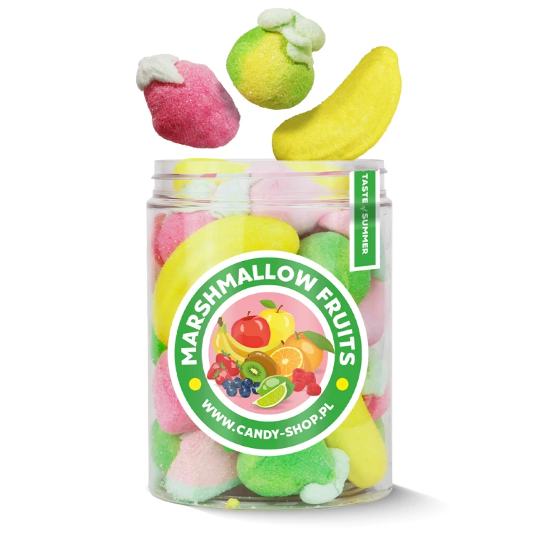 Duży Słoik "Piankowe Owoce - Marshmallow Fruits" z Piankami 300g o smaku owocowym 1000ml