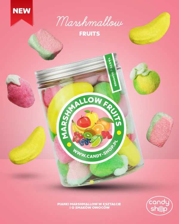 Duży Słoik "Piankowe Owoce - Marshmallow Fruits" z Piankami 300g o smaku owocowym 1000ml