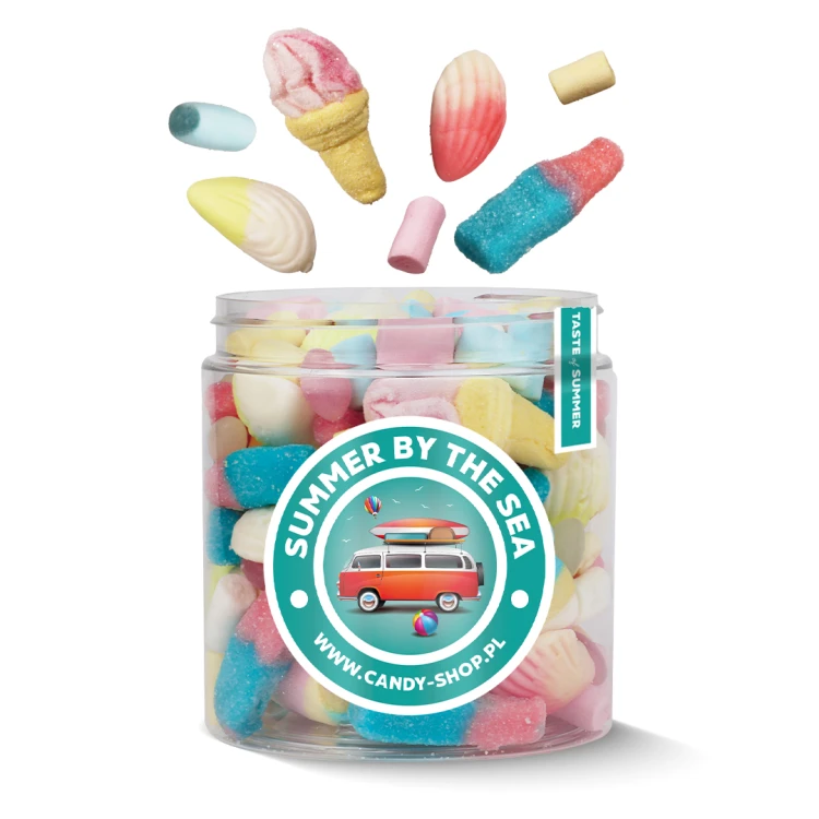 Słoik "Wakacyjny - Summer by the Sea" z Żelkami i Piankami 400g o smaku owocowym 750ml