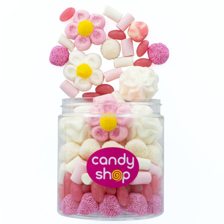 Słoik ''Dla Niej - Kwiatowy'' z Żelkami i Piankami 400g o smaku owocowym 750ml Prezent na Dzień Kobiet