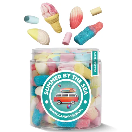 Słoik ''Wakacyjny - Summer by the Sea'' z Żelkami i Piankami 400g o smaku owocowym 750ml