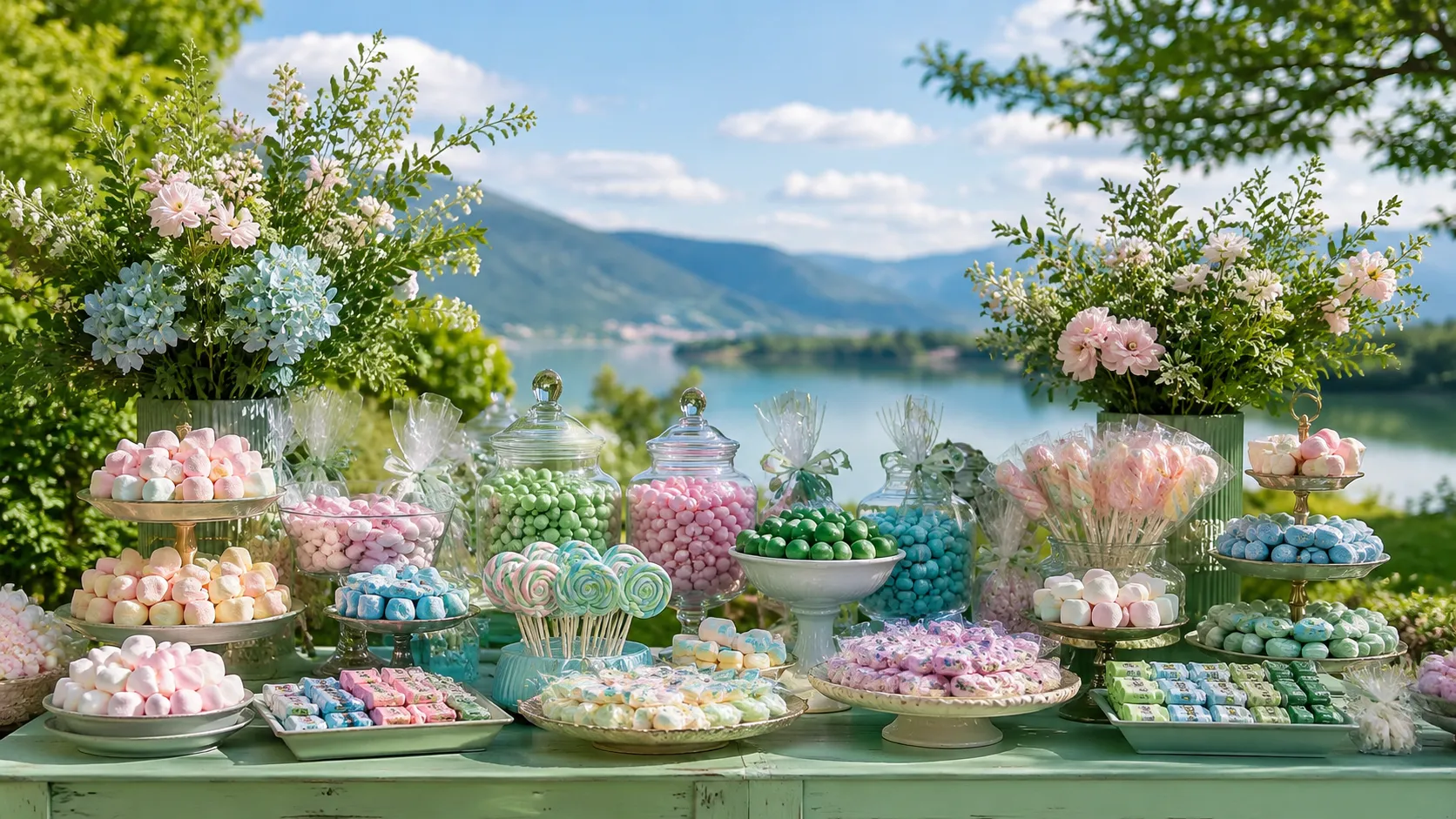 Jak ustawić candy bar w plenerze, by przyciągał wzrok? Zasady kompozycji w przestrzeni otwartej - Strefa kolorów w zieleni i błękicie nieba – dobór palety pasującej do otoczenia