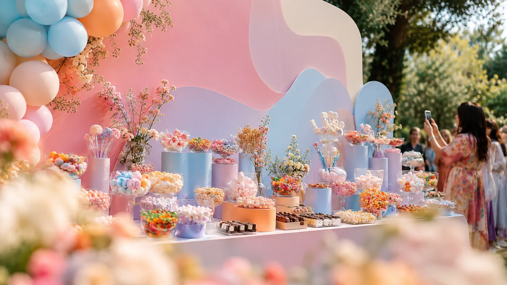 Jak ustawić candy bar w plenerze, by przyciągał wzrok? Zasady kompozycji w przestrzeni otwartej - Tło słodkiego stołu – baner, drewniana ścianka lub kwiatowy backdrop