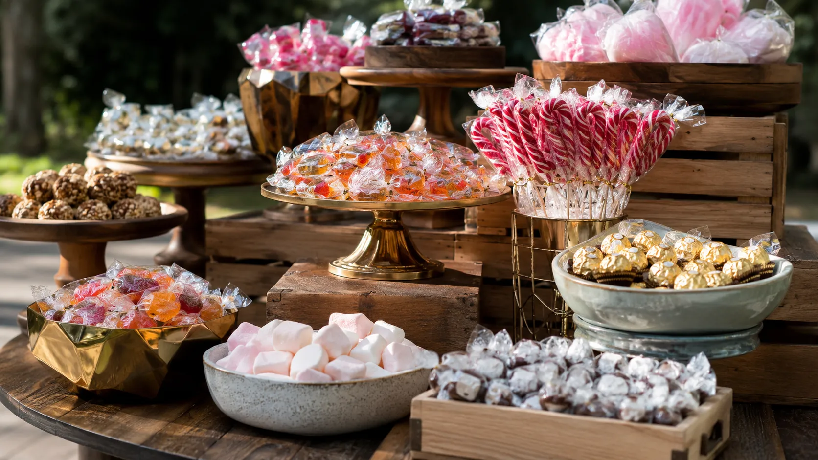 Jak ustawić candy bar w plenerze, by przyciągał wzrok? Zasady kompozycji w przestrzeni otwartej - Warstwowe układy i różne poziomy wysokości stojaków – kompozycja, która wygrywa z otwartą przestrzenią
