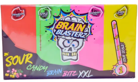 Brain Blasterz Sour Candy Brain Bitz XXL 144g Kwaśne cukierki o smaku truskawkowym, jabłkowym, cytrynowym i malinowym