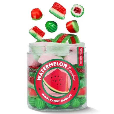 Słoik ''Arbuzowy - Watermelon Paradise'' z Żelkami, Piankami i Gumami 400g o smaku arbuzowym 750ml