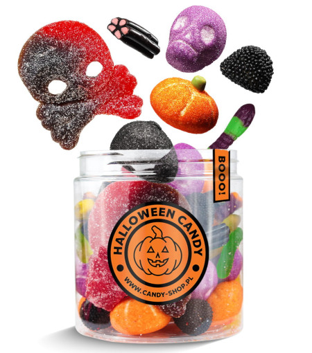 Słoik 'Halloween - Straszny' z Żelkami i Piankami 400g o smaku owocowym 750ml