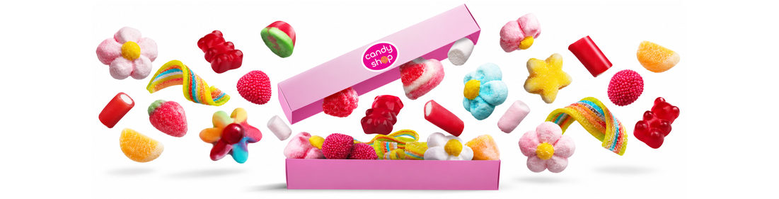 Różowa bombonierka Candy Shop z latającymi żelkami i piankami