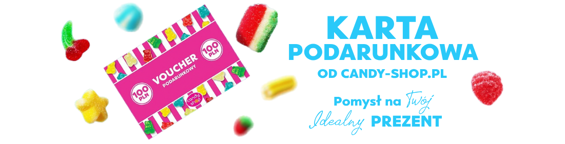 Różowy voucher podarunkowy 100zł od Candy Shop wokół latające żelki Pomysł na Twój Idealny Prezent