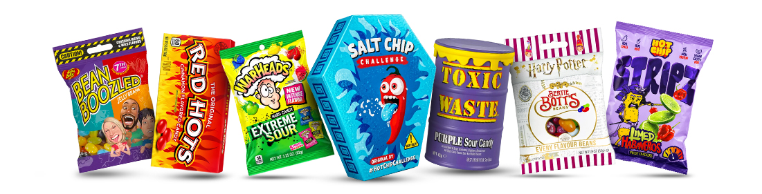 Przykładowe słodycze na challenge: Bean Boozled, Red Hots, Warheads Extreme Sour, Salt Chip Challenge, Toxic Waste Purple, fasolki Harry Potter Bertie Botts, Hot Chop Stripz