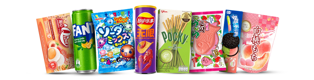 Słodycze z Azji na białym tle - Mochi Qlove Fanta Fruity, Zestaw DIY, Chipsy Lays Crayfish, Pocky Matcha, Rybka Meito truskawkowa, Oreo Brzoskwinia- Matcha, Mochi brzoskwiniowe